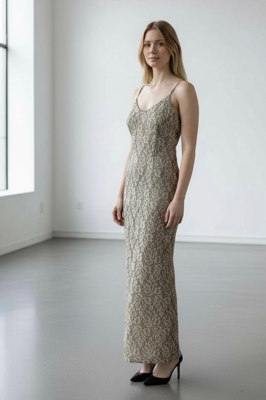 Vintage Formal Midi Dress US 7/8 Floral Silver Beige Bodycon Gown Classic Glam